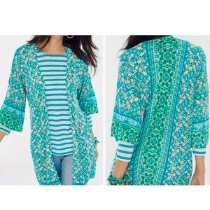 CHICO’S Lightweight Teal Turquoise Blue Tile Patterned Tunic Cardigan Wrap